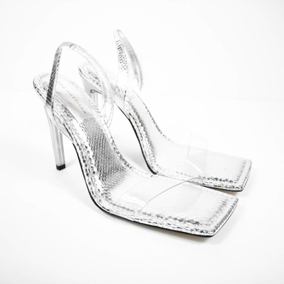 Good American Silver Strappy Open Toe High Heels Square Toe Snake Women Size 10 - Picture 1 of 6